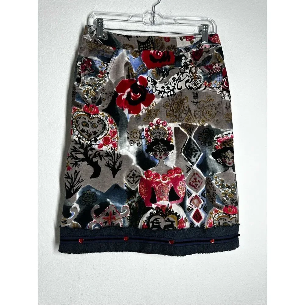 Vintage Jota Mas Ge Bohemian Size US 8 Midi Velour Skirt Straight Black Red